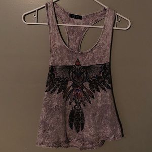 Deb Medium Purple Crinkle Tank Top with tribal bird and feathers